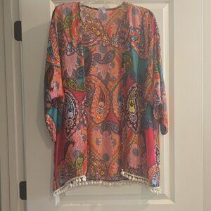 Vibrant Paisley Blouse with Pom-Pom Trim